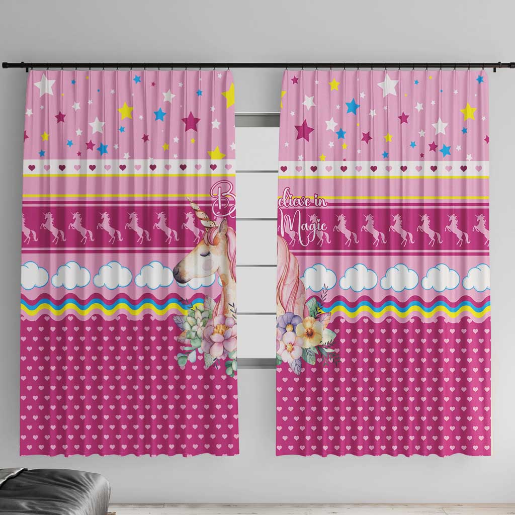 Unicorn Believe In Magic Christmas Window Curtain with Believe in Magic Quote Pink Hearts Stars and Rainbow - Wonder Print Shop