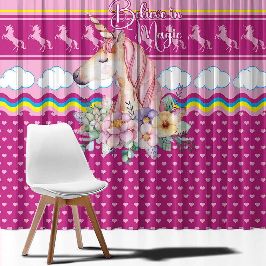 Unicorn Believe In Magic Christmas Window Curtain with Believe in Magic Quote Pink Hearts Stars and Rainbow - Wonder Print Shop