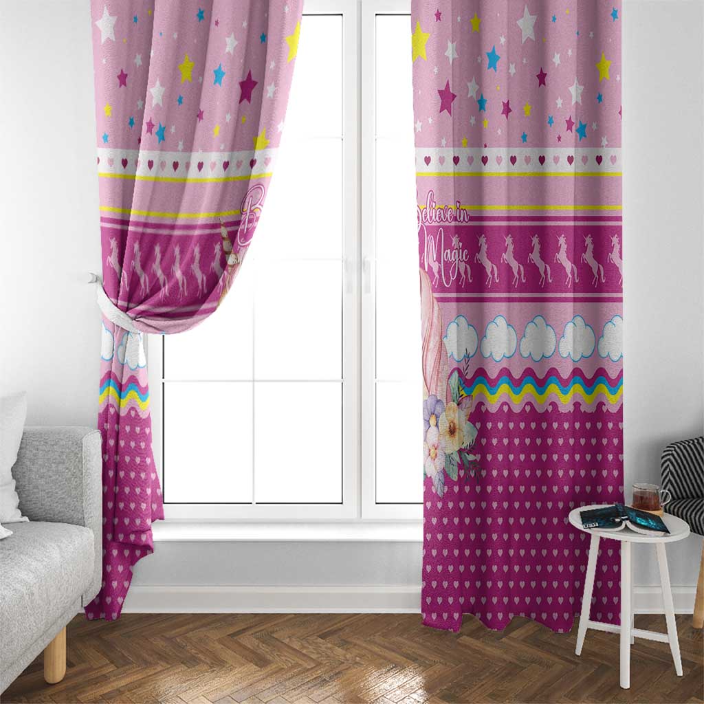 Unicorn Believe In Magic Christmas Window Curtain with Believe in Magic Quote Pink Hearts Stars and Rainbow - Wonder Print Shop