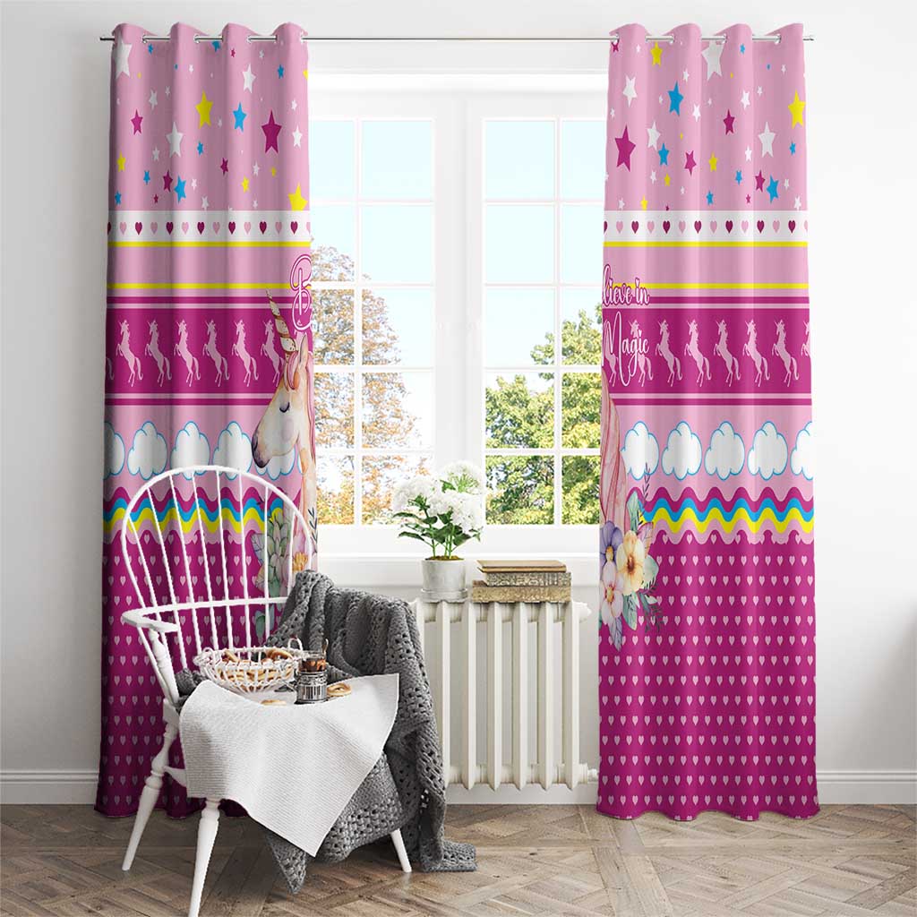 Unicorn Believe In Magic Christmas Window Curtain with Believe in Magic Quote Pink Hearts Stars and Rainbow - Wonder Print Shop
