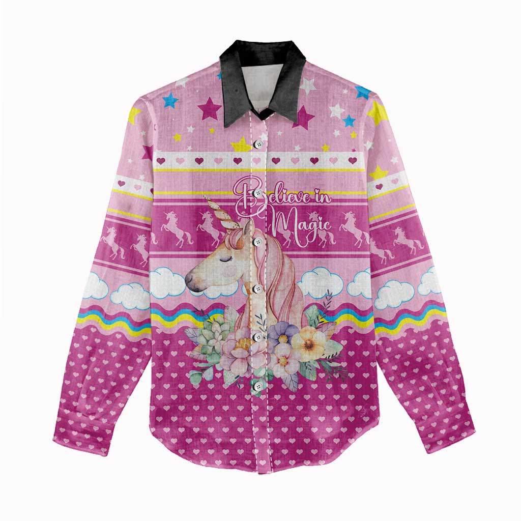 Unicorn Believe In Magic Christmas Women Casual Shirt with Believe in Magic Quote Pink Hearts Stars and Rainbow - Wonder Print Shop