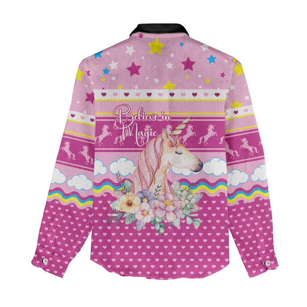 Unicorn Believe In Magic Christmas Women Casual Shirt with Believe in Magic Quote Pink Hearts Stars and Rainbow - Wonder Print Shop