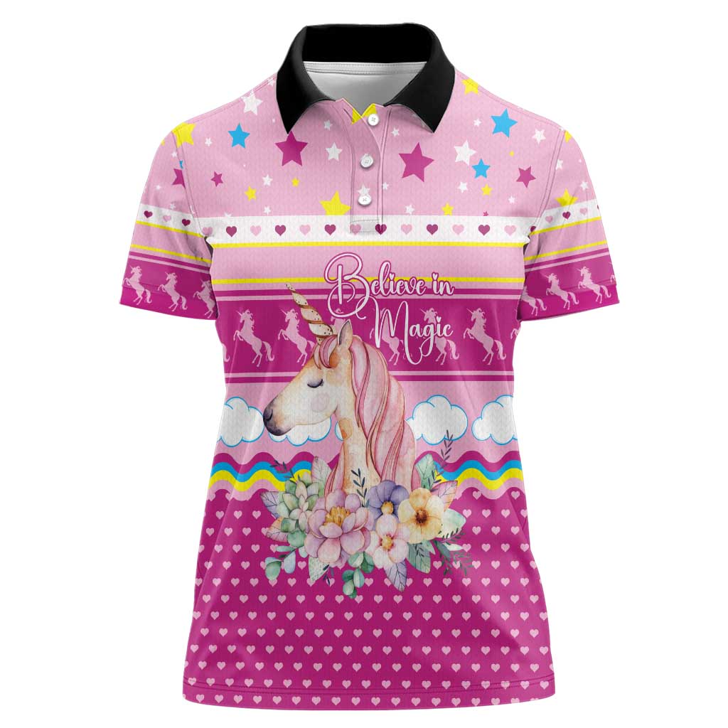 Unicorn Believe In Magic Christmas Women Polo Shirt with Believe in Magic Quote Pink Hearts Stars and Rainbow - Wonder Print Shop