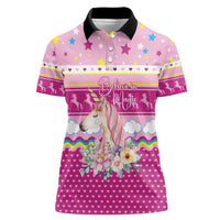 Unicorn Believe In Magic Christmas Women Polo Shirt with Believe in Magic Quote Pink Hearts Stars and Rainbow - Wonder Print Shop