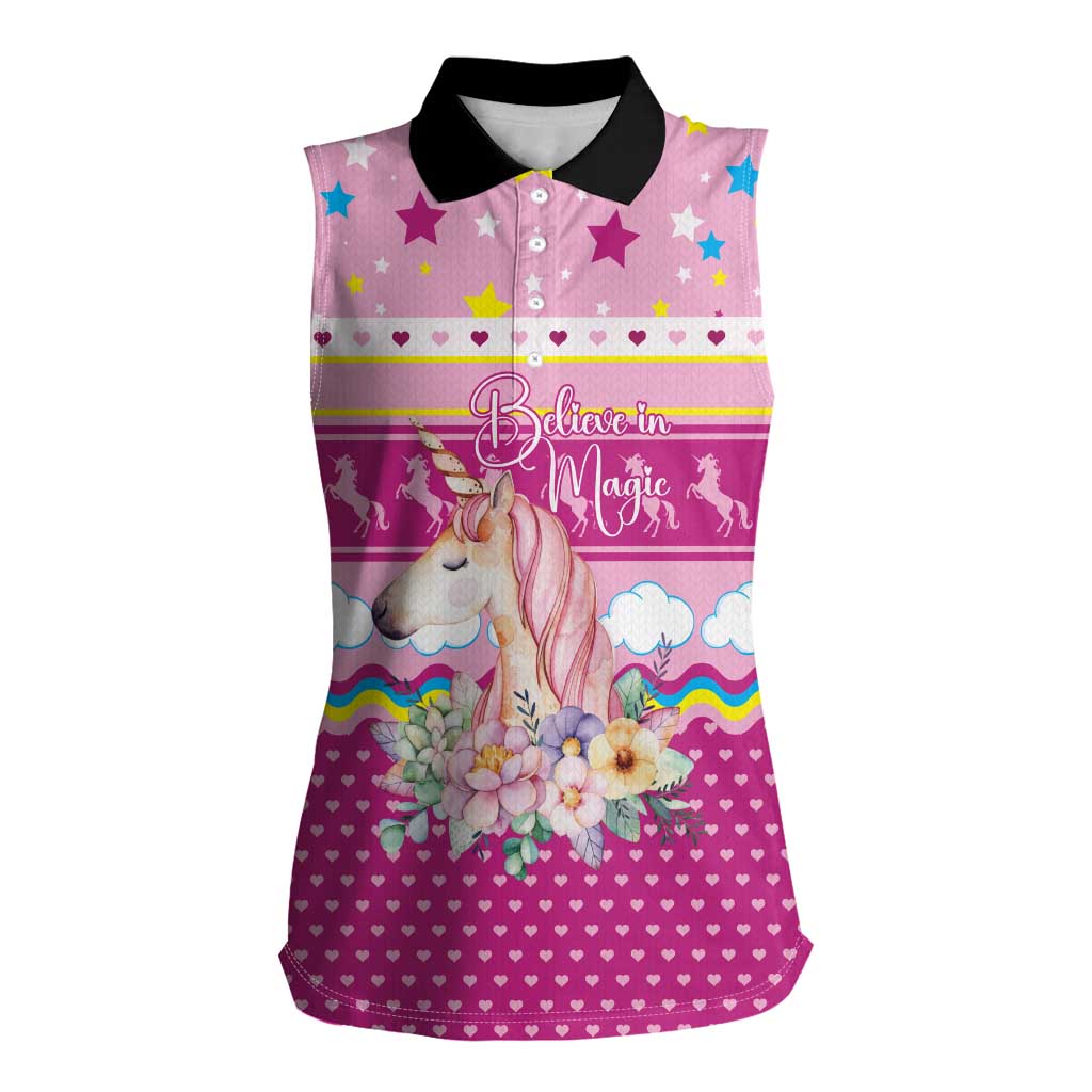 Unicorn Believe In Magic Christmas Women Sleeveless Polo Shirt with Believe in Magic Quote Pink Hearts Stars and Rainbow - Wonder Print Shop