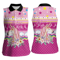 Unicorn Believe In Magic Christmas Women Sleeveless Polo Shirt with Believe in Magic Quote Pink Hearts Stars and Rainbow - Wonder Print Shop