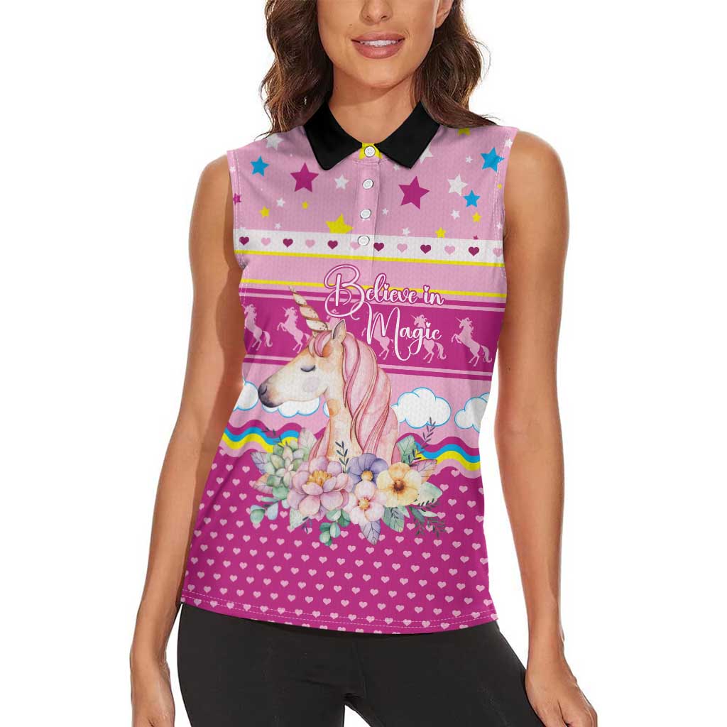 Unicorn Believe In Magic Christmas Women Sleeveless Polo Shirt with Believe in Magic Quote Pink Hearts Stars and Rainbow - Wonder Print Shop