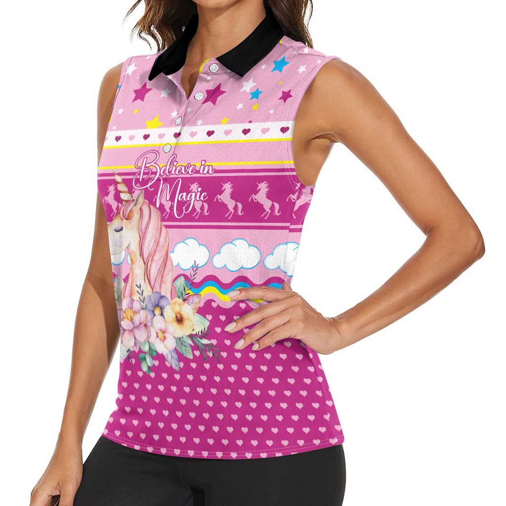 Unicorn Believe In Magic Christmas Women Sleeveless Polo Shirt with Believe in Magic Quote Pink Hearts Stars and Rainbow - Wonder Print Shop