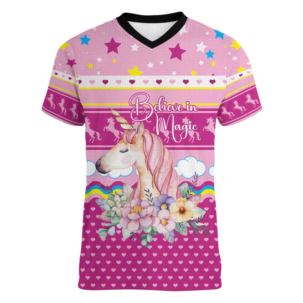 Unicorn Believe In Magic Christmas Women V-Neck T-Shirt with Believe in Magic Quote Pink Hearts Stars and Rainbow - Wonder Print Shop