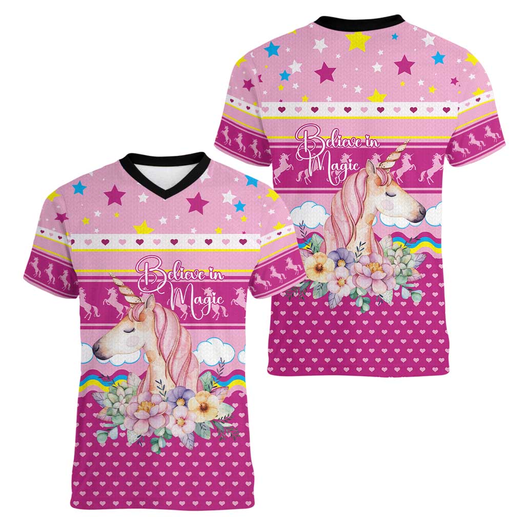 Unicorn Believe In Magic Christmas Women V-Neck T-Shirt with Believe in Magic Quote Pink Hearts Stars and Rainbow - Wonder Print Shop