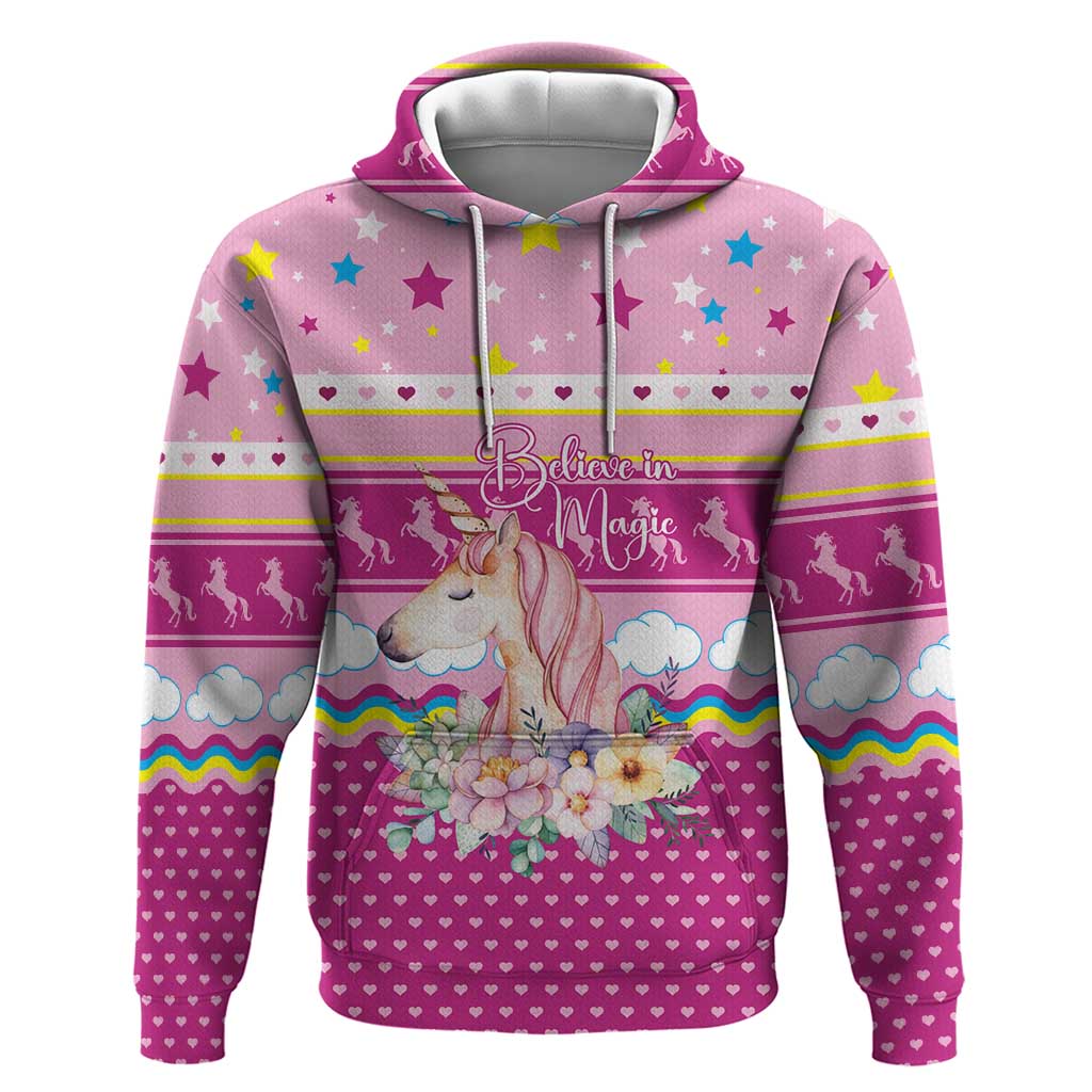 Unicorn Believe In Magic Christmas Zip Hoodie with Believe in Magic Quote Pink Hearts Stars and Rainbow - Wonder Print Shop