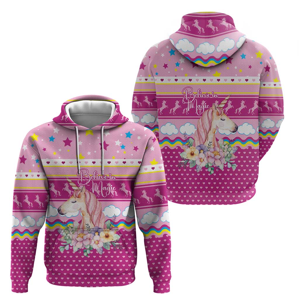 Unicorn Believe In Magic Christmas Zip Hoodie with Believe in Magic Quote Pink Hearts Stars and Rainbow - Wonder Print Shop