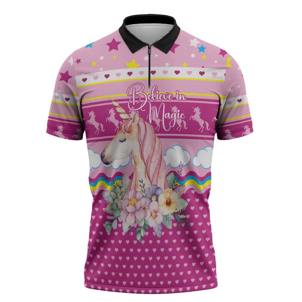 Unicorn Believe In Magic Christmas Zipper Polo Shirt with Believe in Magic Quote Pink Hearts Stars and Rainbow - Wonder Print Shop