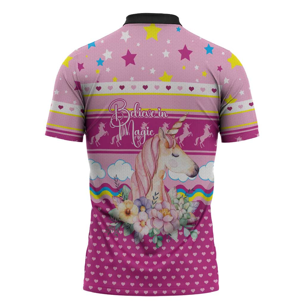 Unicorn Believe In Magic Christmas Zipper Polo Shirt with Believe in Magic Quote Pink Hearts Stars and Rainbow - Wonder Print Shop