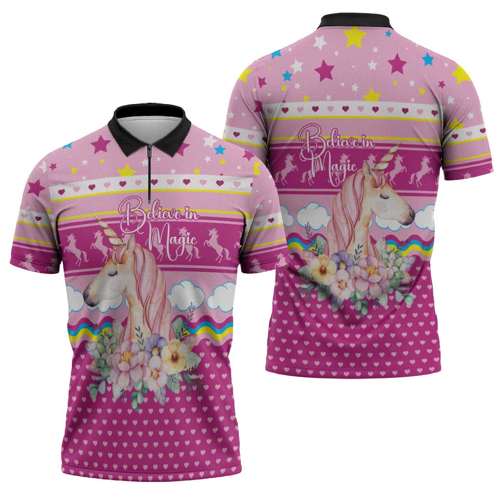 Unicorn Believe In Magic Christmas Zipper Polo Shirt with Believe in Magic Quote Pink Hearts Stars and Rainbow - Wonder Print Shop