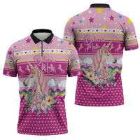 Unicorn Believe In Magic Christmas Zipper Polo Shirt with Believe in Magic Quote Pink Hearts Stars and Rainbow - Wonder Print Shop