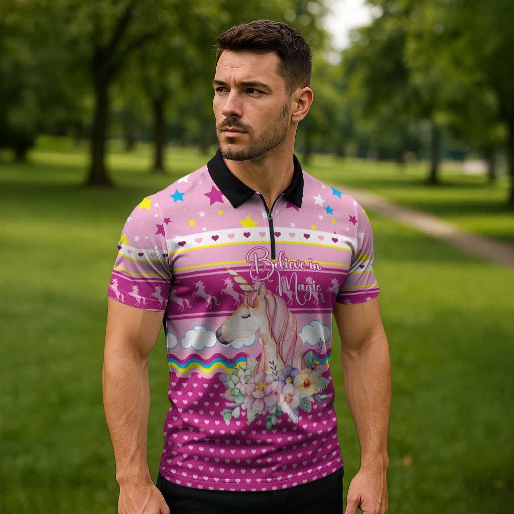 Unicorn Believe In Magic Christmas Zipper Polo Shirt with Believe in Magic Quote Pink Hearts Stars and Rainbow - Wonder Print Shop