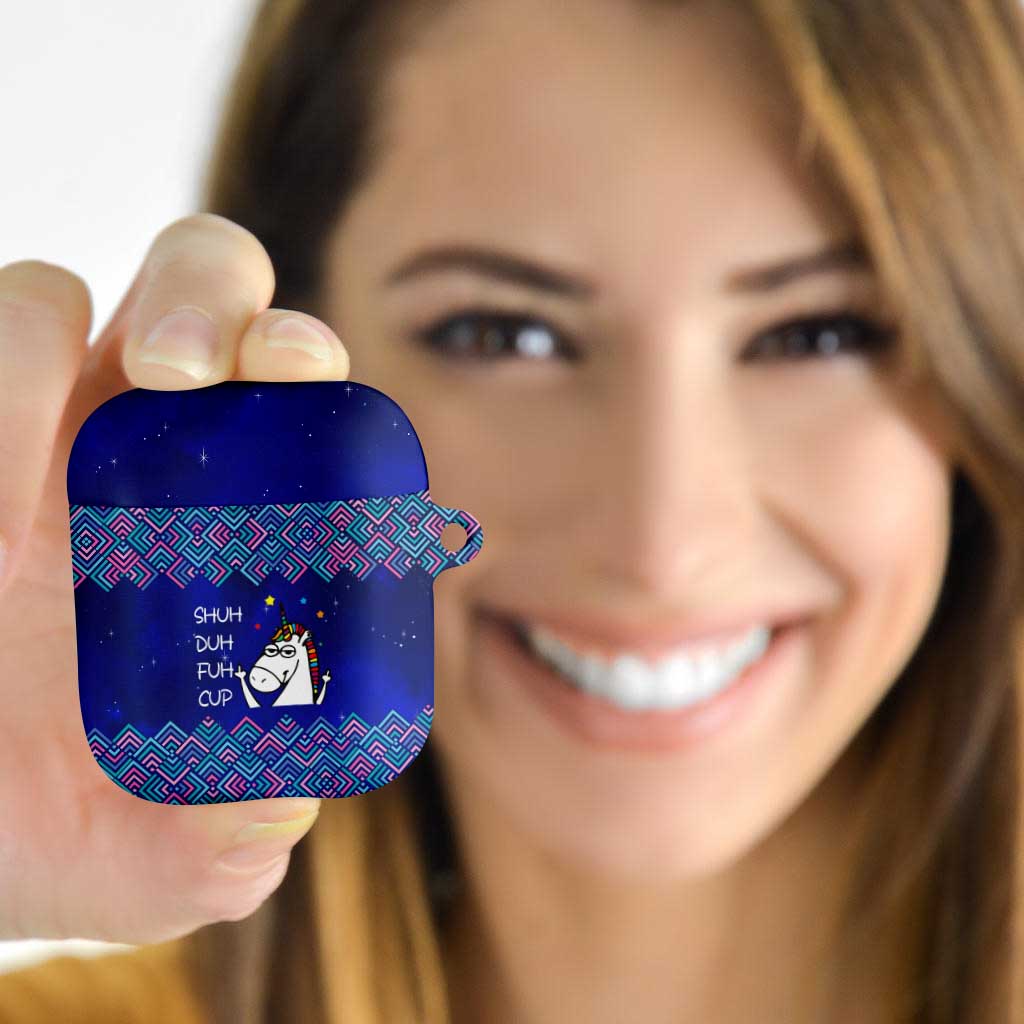 Funny Unicorn AirPods Case with Shuh Duh Fuh Cup Quote Blue Geometric and Cartoon - Wonder Print Shop