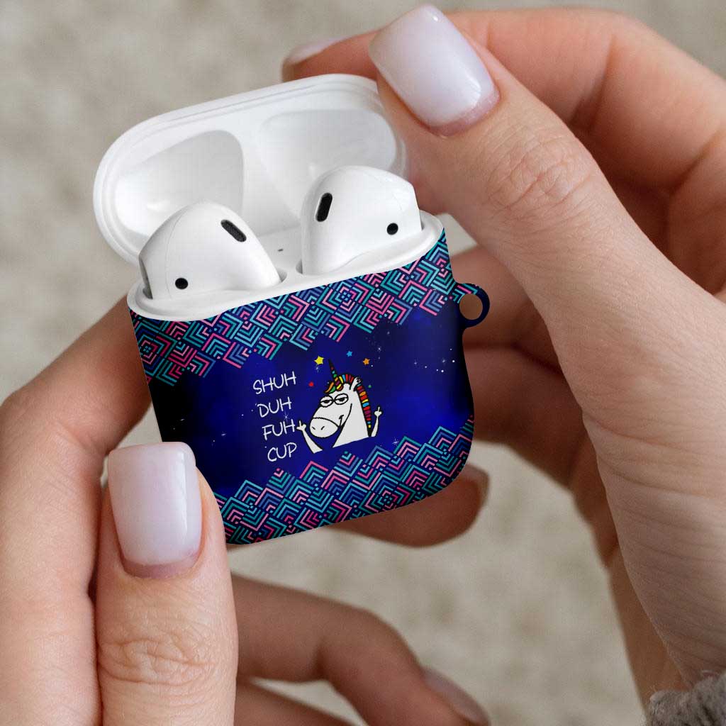Funny Unicorn AirPods Case with Shuh Duh Fuh Cup Quote Blue Geometric and Cartoon - Wonder Print Shop