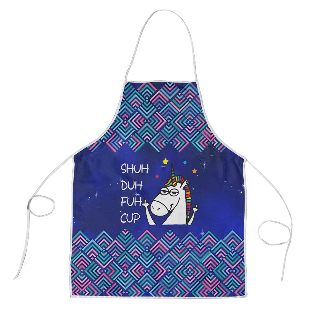 Funny Unicorn Apron with Shuh Duh Fuh Cup Quote Blue Geometric and Cartoon - Wonder Print Shop