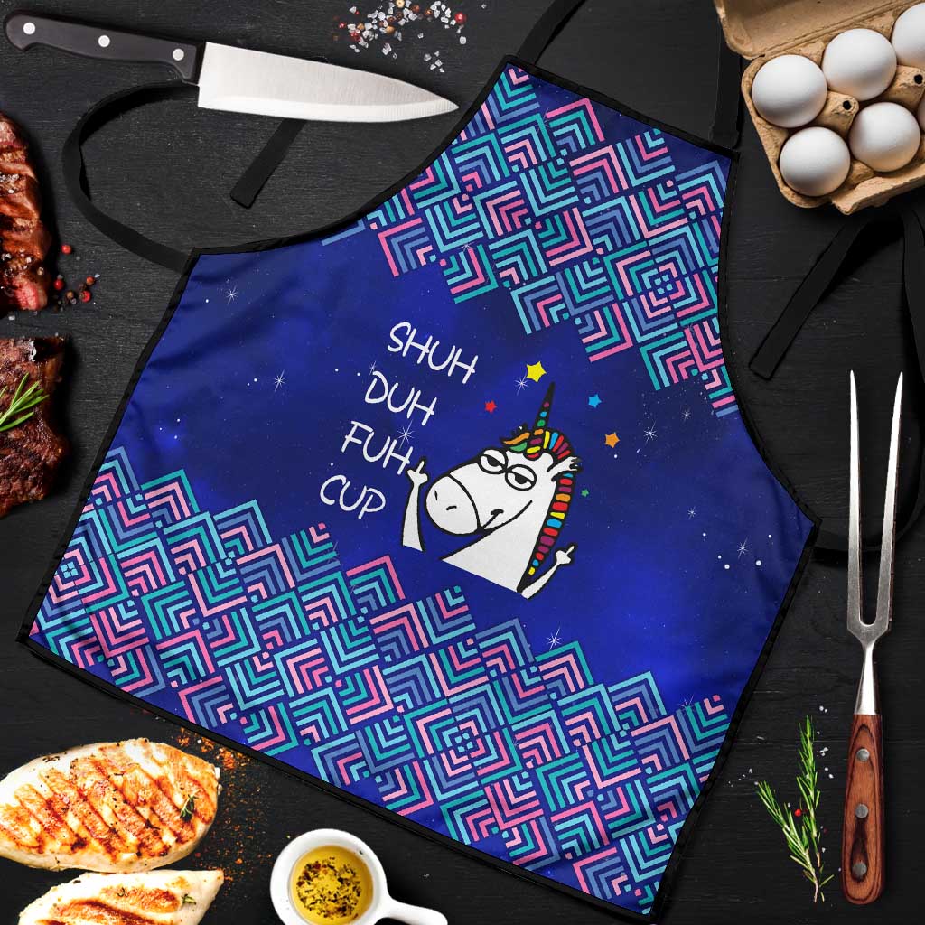 Funny Unicorn Apron with Shuh Duh Fuh Cup Quote Blue Geometric and Cartoon - Wonder Print Shop