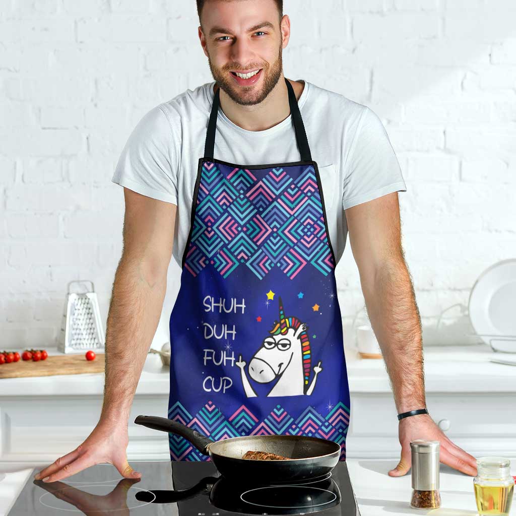 Funny Unicorn Apron with Shuh Duh Fuh Cup Quote Blue Geometric and Cartoon - Wonder Print Shop