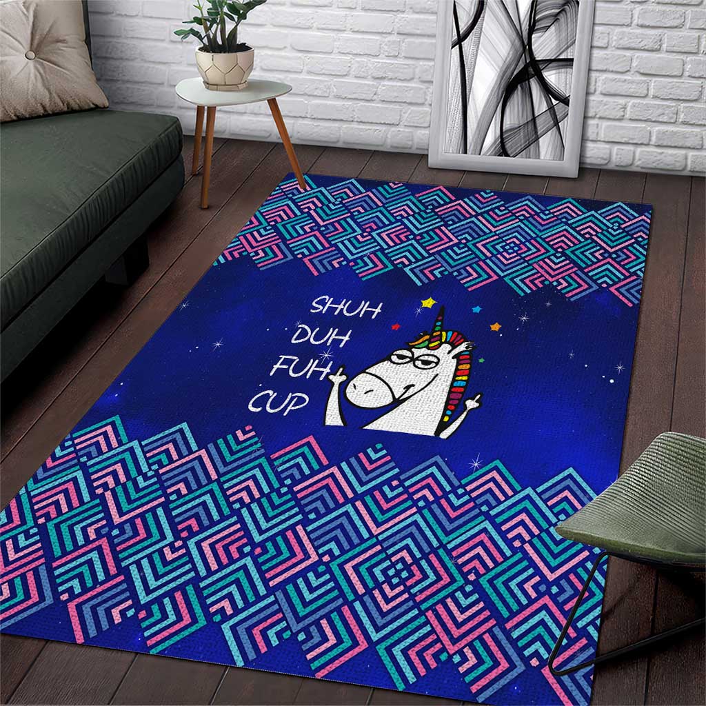 Funny Unicorn Area Rug with Shuh Duh Fuh Cup Quote Blue Geometric and Cartoon - Wonder Print Shop