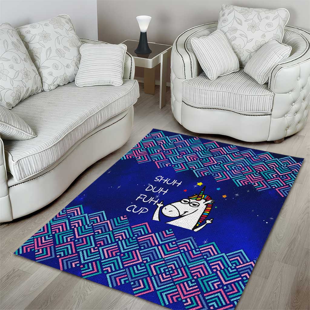 Funny Unicorn Area Rug with Shuh Duh Fuh Cup Quote Blue Geometric and Cartoon - Wonder Print Shop