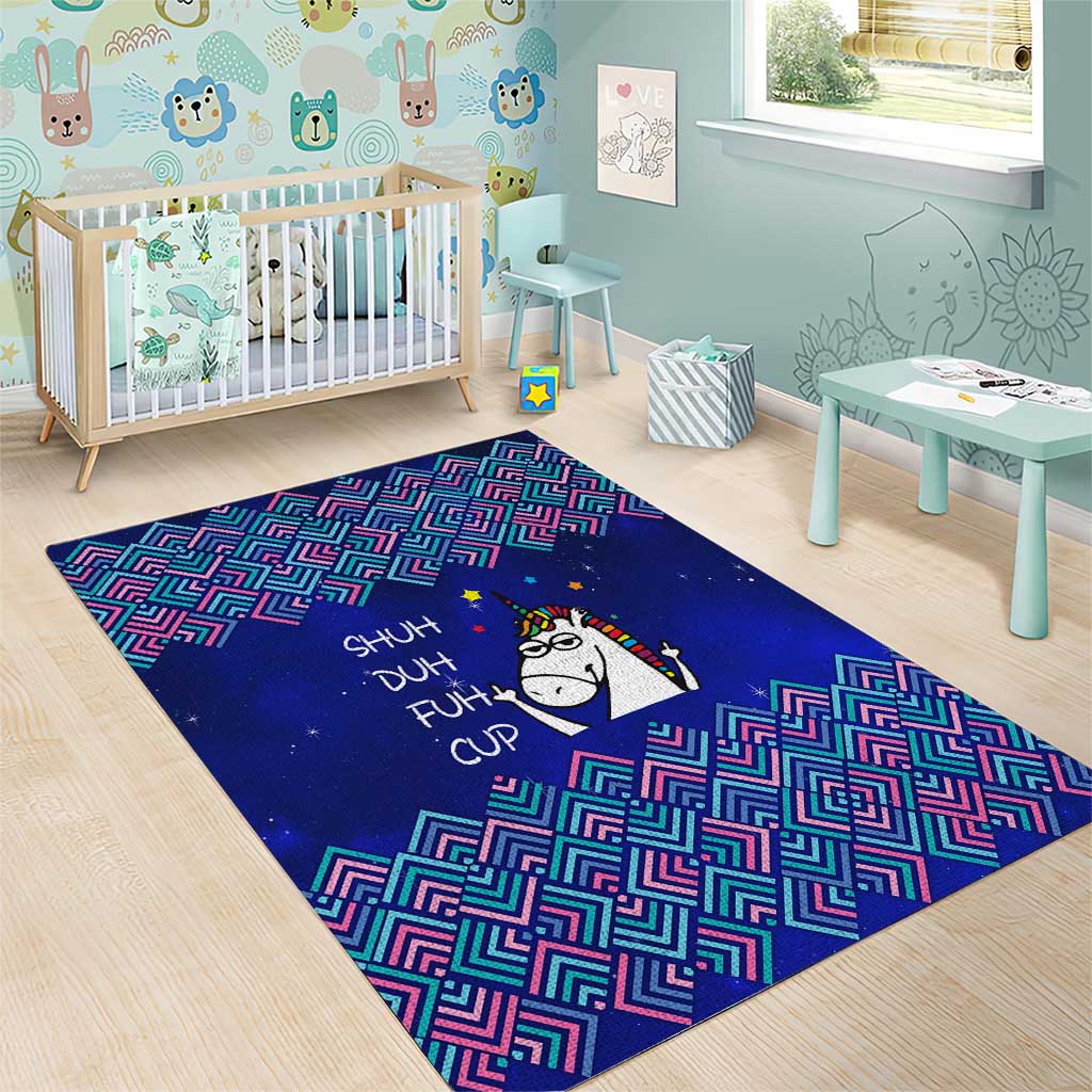 Funny Unicorn Area Rug with Shuh Duh Fuh Cup Quote Blue Geometric and Cartoon - Wonder Print Shop