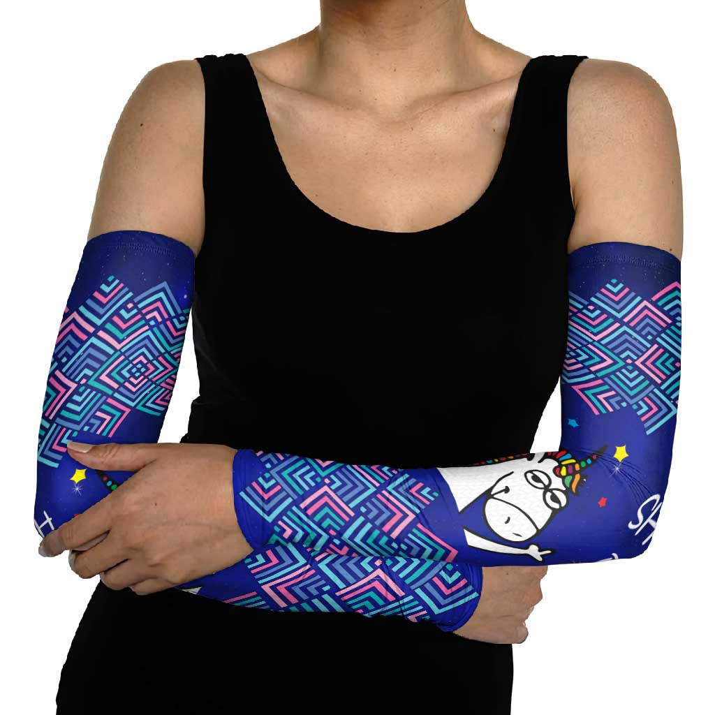 Funny Unicorn Arm Sleeves with Shuh Duh Fuh Cup Quote Blue Geometric and Cartoon - Wonder Print Shop