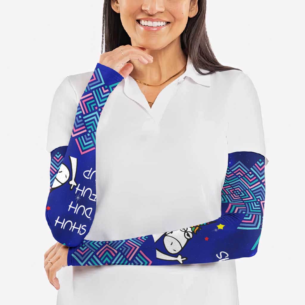 Funny Unicorn Arm Sleeves with Shuh Duh Fuh Cup Quote Blue Geometric and Cartoon - Wonder Print Shop