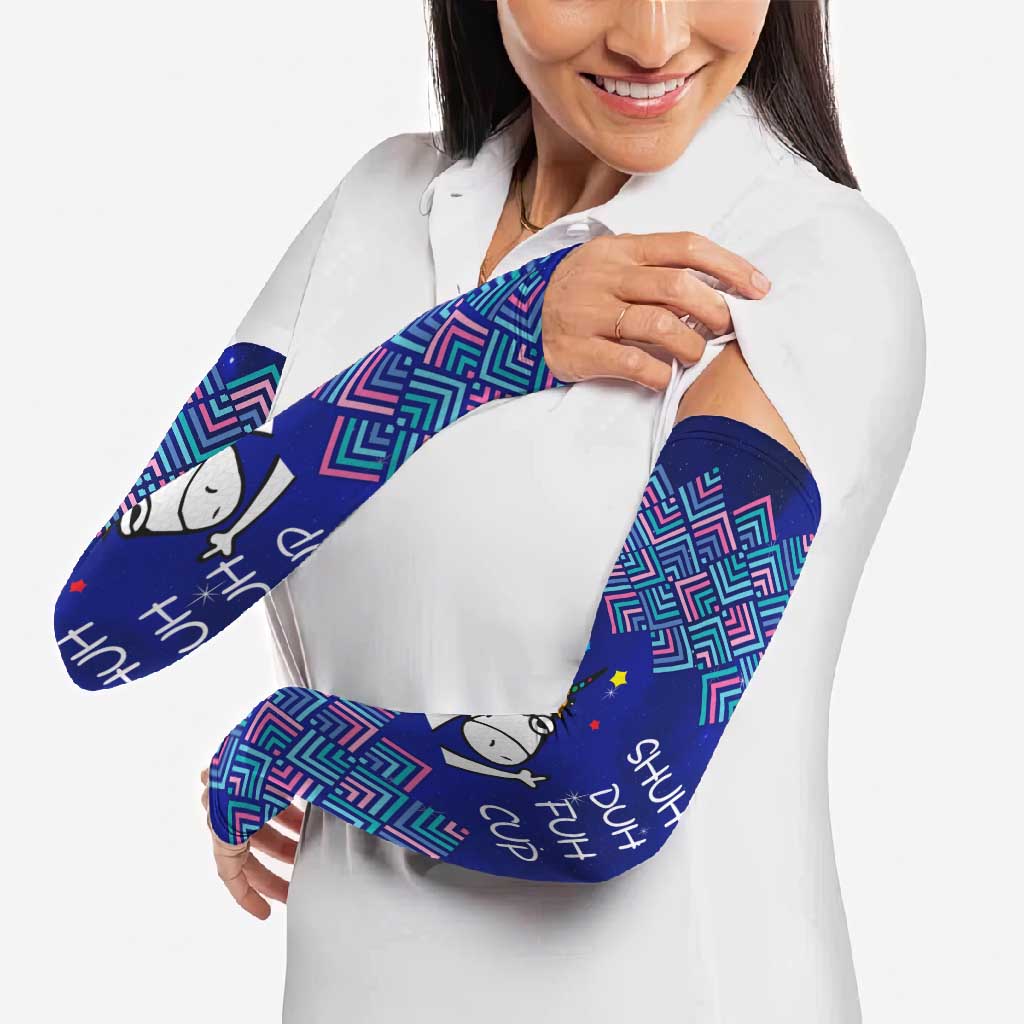 Funny Unicorn Arm Sleeves with Shuh Duh Fuh Cup Quote Blue Geometric and Cartoon - Wonder Print Shop