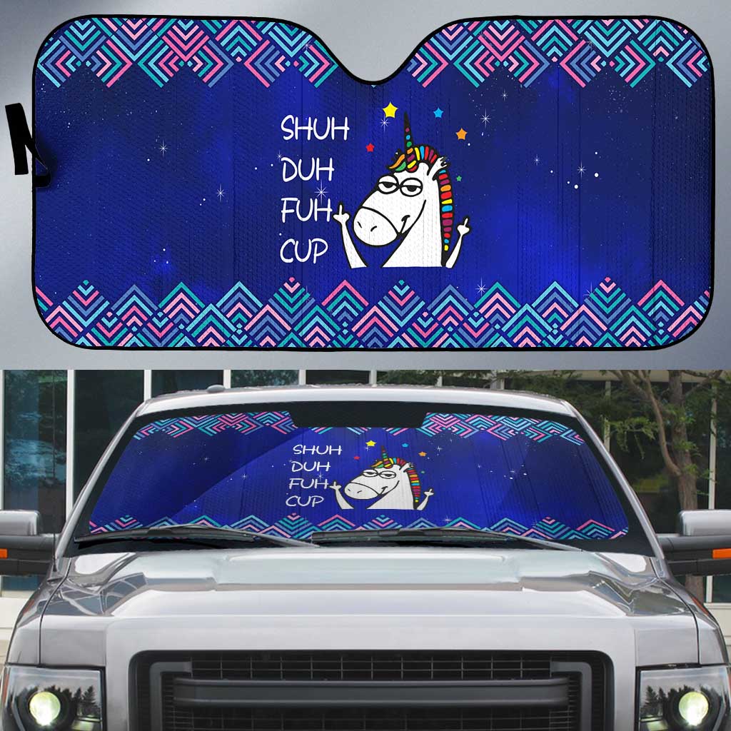 Funny Unicorn Auto Sun Shade with Shuh Duh Fuh Cup Quote Blue Geometric and Cartoon - Wonder Print Shop