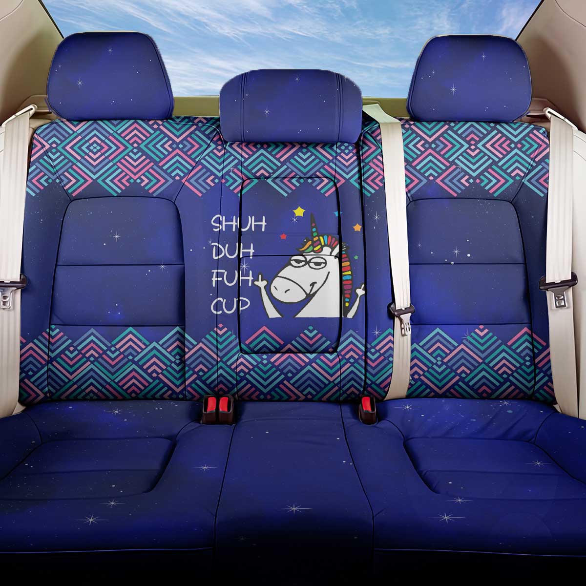 Funny Unicorn Back Car Seat Cover with Shuh Duh Fuh Cup Quote Blue Geometric and Cartoon - Wonder Print Shop