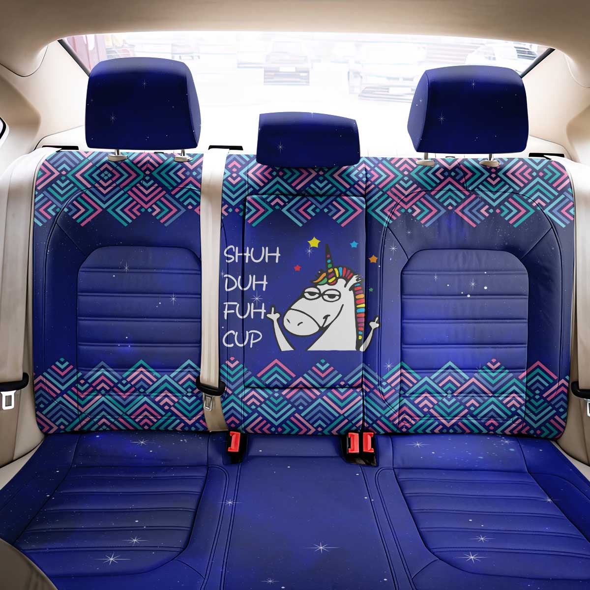 Funny Unicorn Back Car Seat Cover with Shuh Duh Fuh Cup Quote Blue Geometric and Cartoon - Wonder Print Shop