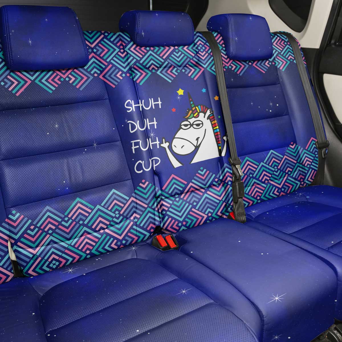 Funny Unicorn Back Car Seat Cover with Shuh Duh Fuh Cup Quote Blue Geometric and Cartoon - Wonder Print Shop