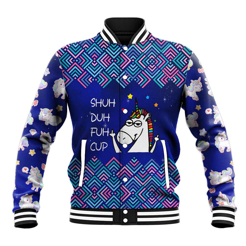 Funny Unicorn Baseball Jacket with Shuh Duh Fuh Cup Quote Blue Geometric and Cartoon - Wonder Print Shop