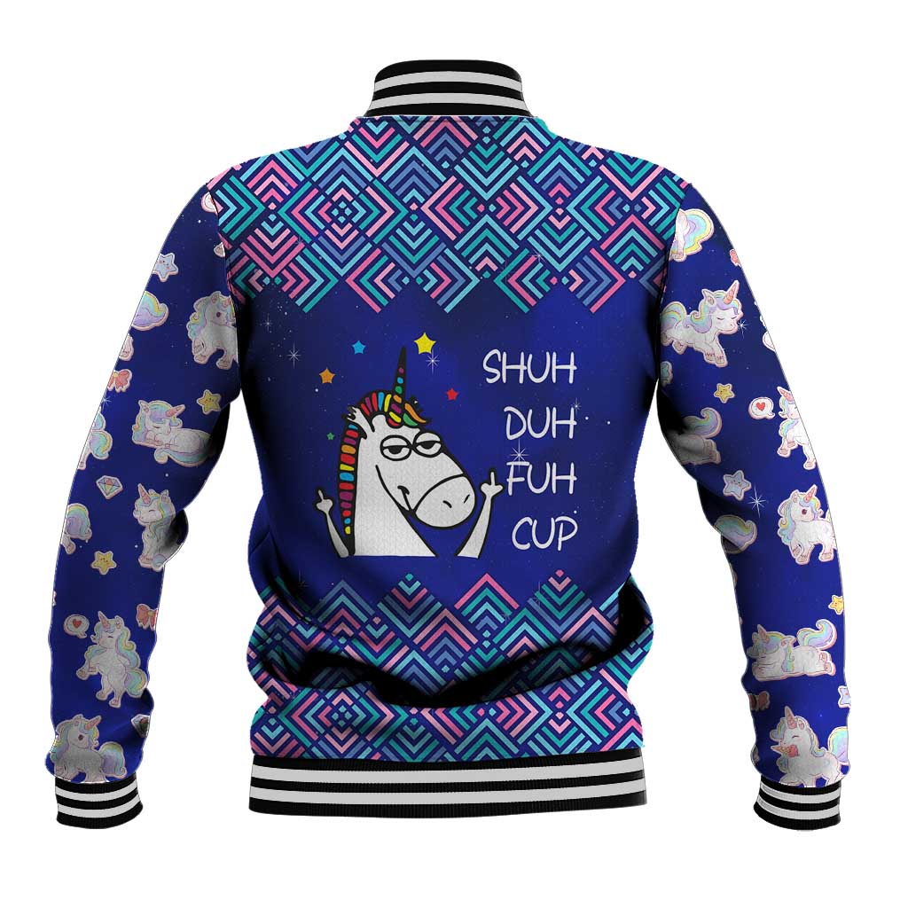 Funny Unicorn Baseball Jacket with Shuh Duh Fuh Cup Quote Blue Geometric and Cartoon - Wonder Print Shop