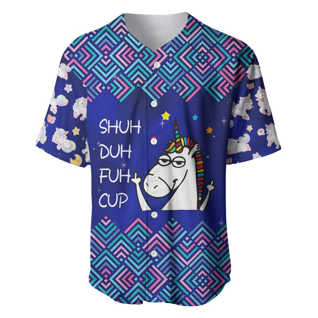 Funny Unicorn Baseball Jersey with Shuh Duh Fuh Cup Quote Blue Geometric and Cartoon - Wonder Print Shop