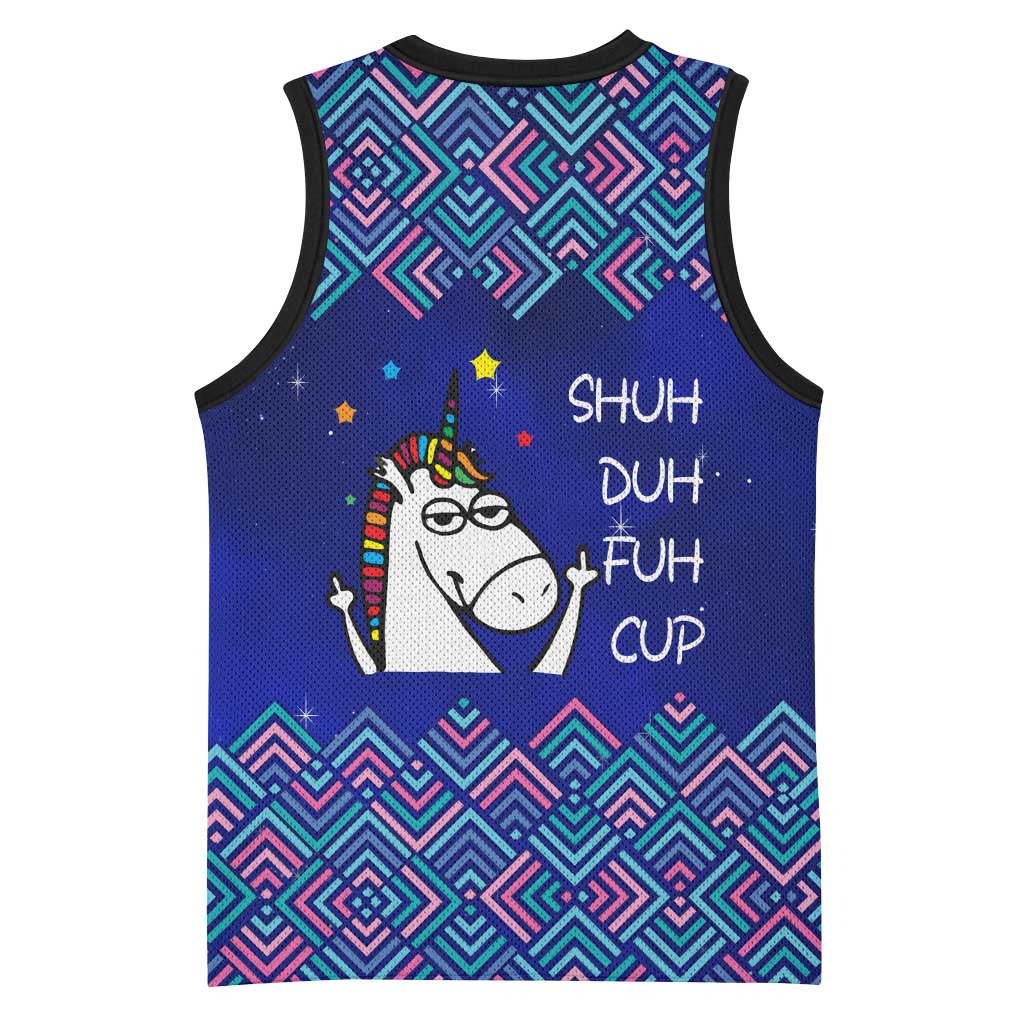 Funny Unicorn Basketball Jersey with Shuh Duh Fuh Cup Quote Blue Geometric and Cartoon - Wonder Print Shop