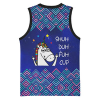 Funny Unicorn Basketball Jersey with Shuh Duh Fuh Cup Quote Blue Geometric and Cartoon - Wonder Print Shop