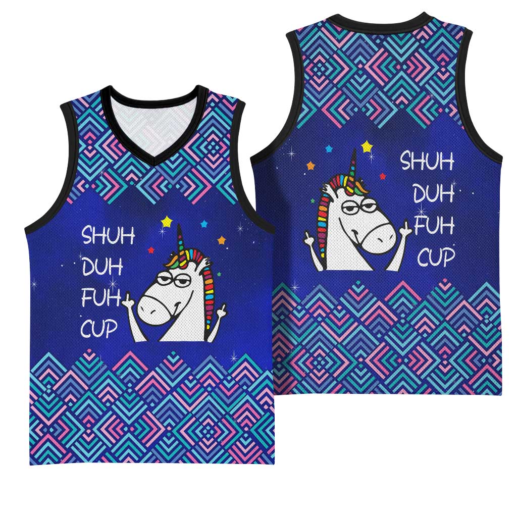 Funny Unicorn Basketball Jersey with Shuh Duh Fuh Cup Quote Blue Geometric and Cartoon - Wonder Print Shop