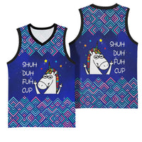 Funny Unicorn Basketball Jersey with Shuh Duh Fuh Cup Quote Blue Geometric and Cartoon - Wonder Print Shop