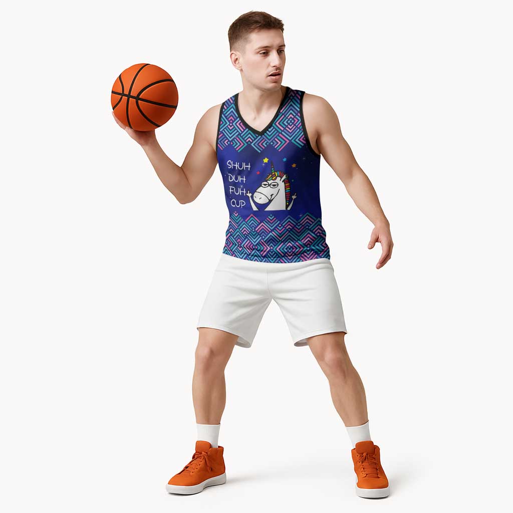 Funny Unicorn Basketball Jersey with Shuh Duh Fuh Cup Quote Blue Geometric and Cartoon - Wonder Print Shop