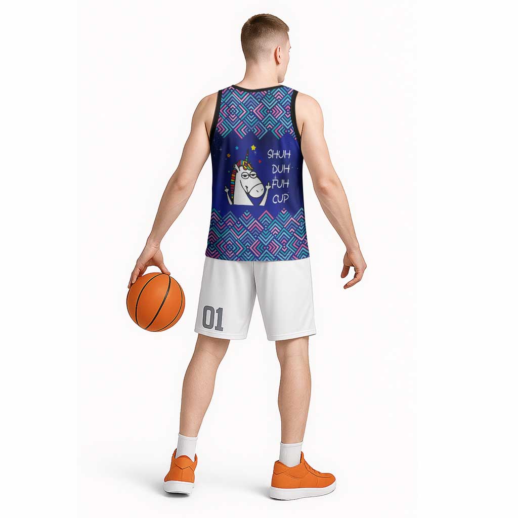 Funny Unicorn Basketball Jersey with Shuh Duh Fuh Cup Quote Blue Geometric and Cartoon - Wonder Print Shop