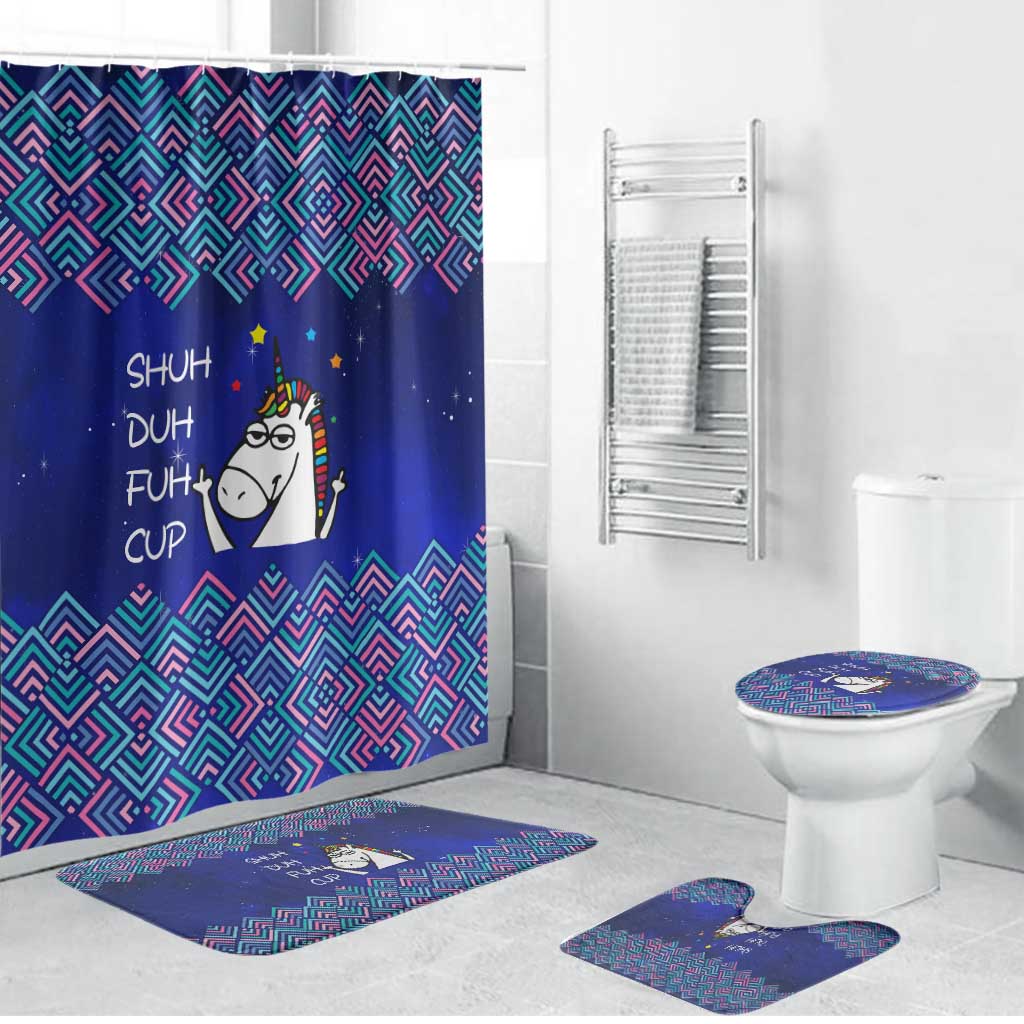 Funny Unicorn Bathroom Set with Shuh Duh Fuh Cup Quote Blue Geometric and Cartoon - Wonder Print Shop