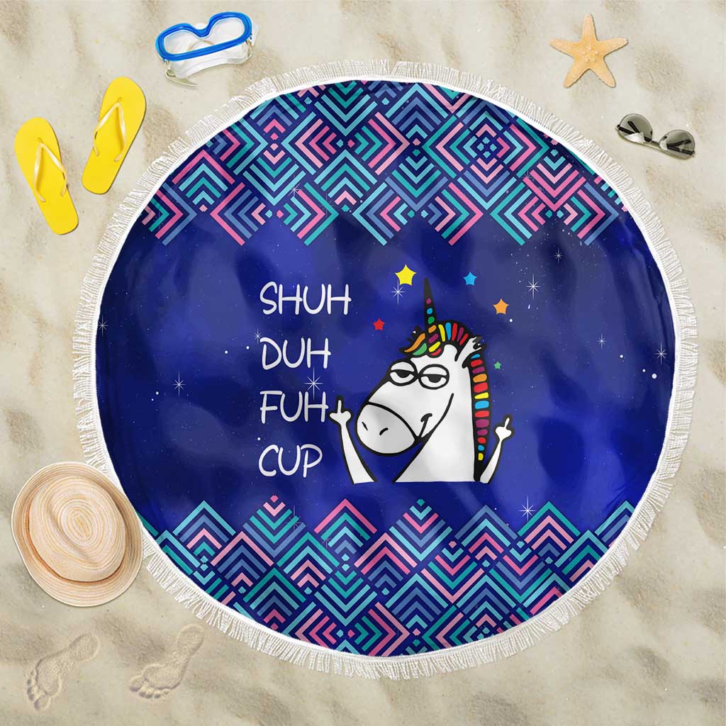 Funny Unicorn Beach Blanket with Shuh Duh Fuh Cup Quote Blue Geometric and Cartoon - Wonder Print Shop