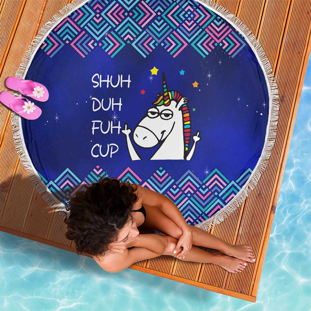 Funny Unicorn Beach Blanket with Shuh Duh Fuh Cup Quote Blue Geometric and Cartoon - Wonder Print Shop
