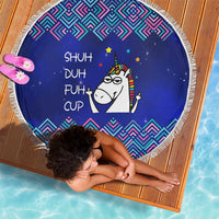 Funny Unicorn Beach Blanket with Shuh Duh Fuh Cup Quote Blue Geometric and Cartoon - Wonder Print Shop