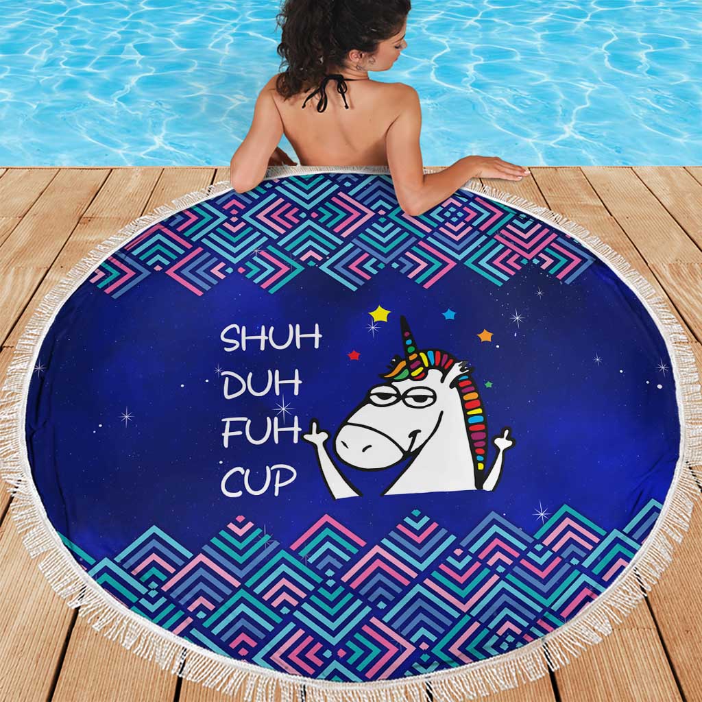 Funny Unicorn Beach Blanket with Shuh Duh Fuh Cup Quote Blue Geometric and Cartoon - Wonder Print Shop